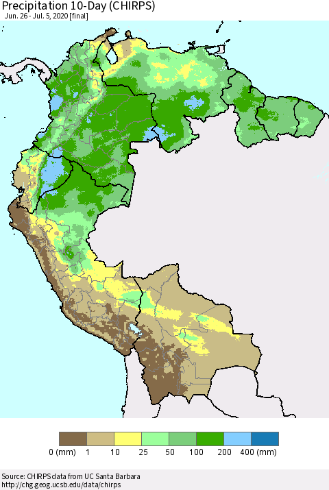 Northern South America Precipitation 10-Day (CHIRPS) Thematic Map For 6/26/2020 - 7/5/2020