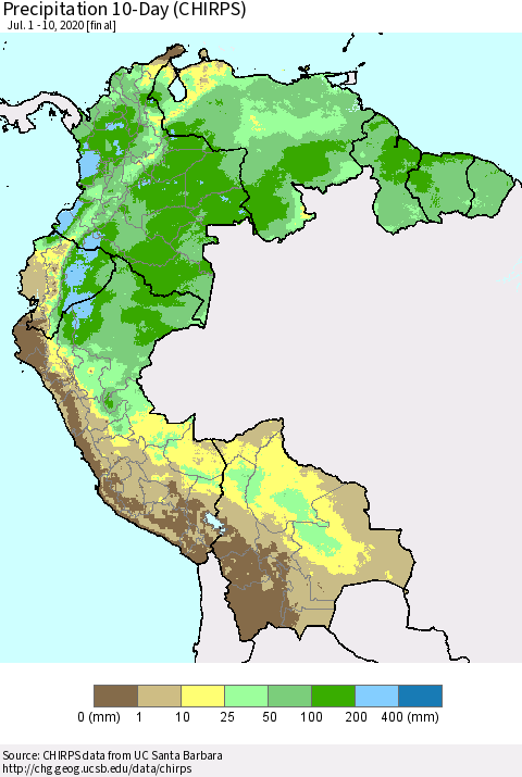 Northern South America Precipitation 10-Day (CHIRPS) Thematic Map For 7/1/2020 - 7/10/2020