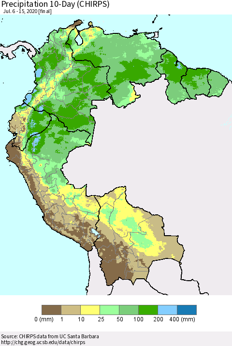 Northern South America Precipitation 10-Day (CHIRPS) Thematic Map For 7/6/2020 - 7/15/2020