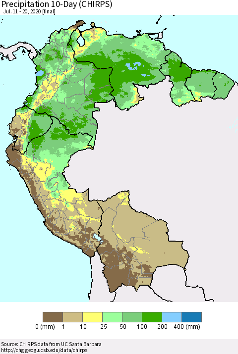 Northern South America Precipitation 10-Day (CHIRPS) Thematic Map For 7/11/2020 - 7/20/2020