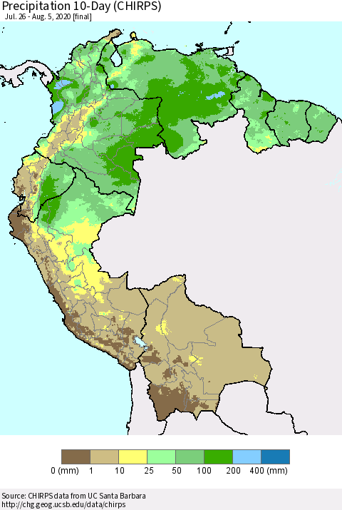 Northern South America Precipitation 10-Day (CHIRPS) Thematic Map For 7/26/2020 - 8/5/2020