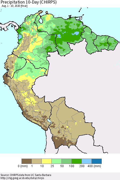 Northern South America Precipitation 10-Day (CHIRPS) Thematic Map For 8/1/2020 - 8/10/2020