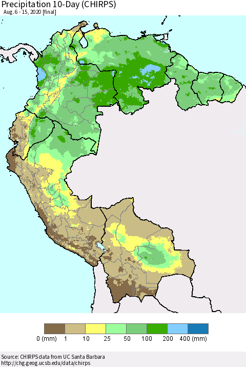 Northern South America Precipitation 10-Day (CHIRPS) Thematic Map For 8/6/2020 - 8/15/2020