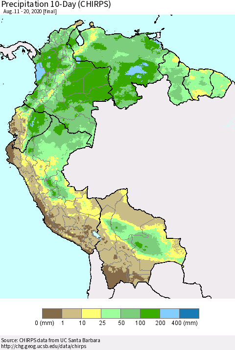 Northern South America Precipitation 10-Day (CHIRPS) Thematic Map For 8/11/2020 - 8/20/2020