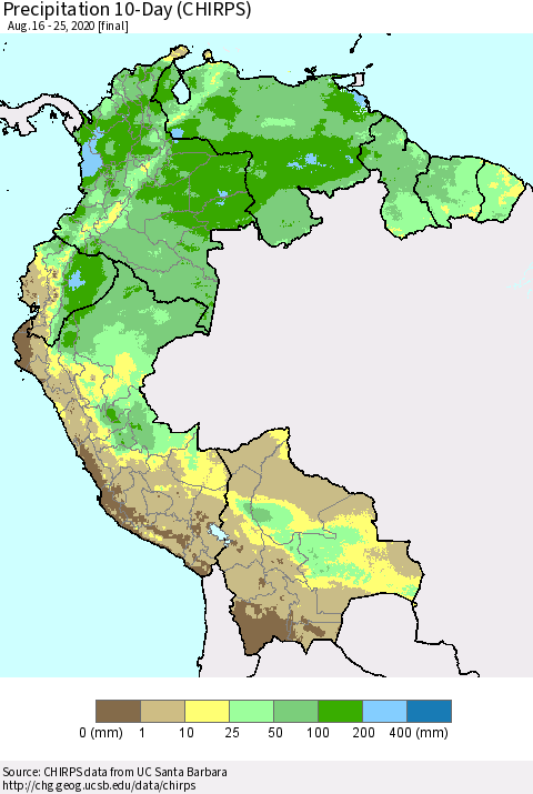 Northern South America Precipitation 10-Day (CHIRPS) Thematic Map For 8/16/2020 - 8/25/2020