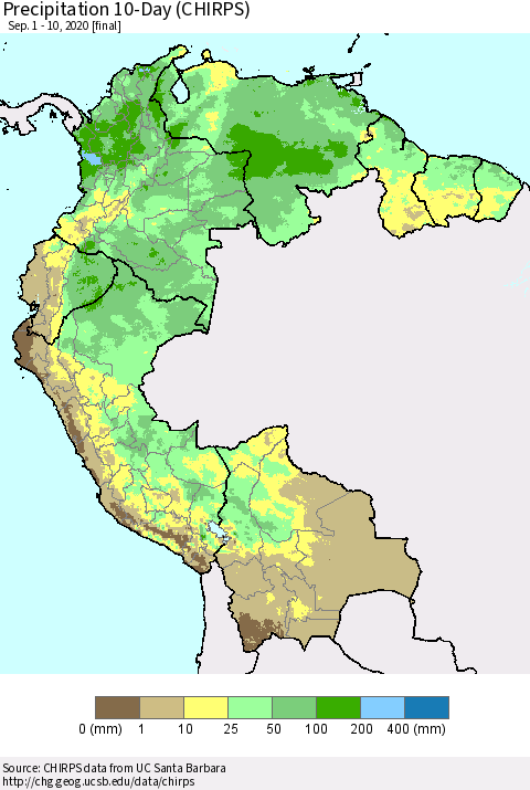 Northern South America Precipitation 10-Day (CHIRPS) Thematic Map For 9/1/2020 - 9/10/2020
