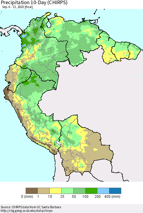Northern South America Precipitation 10-Day (CHIRPS) Thematic Map For 9/6/2020 - 9/15/2020