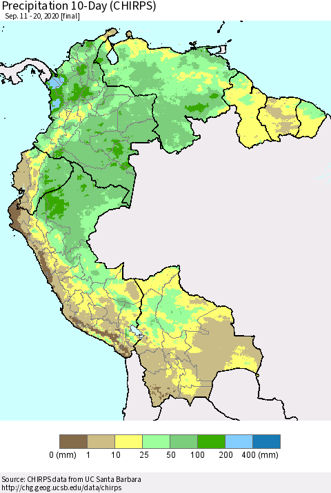 Northern South America Precipitation 10-Day (CHIRPS) Thematic Map For 9/11/2020 - 9/20/2020
