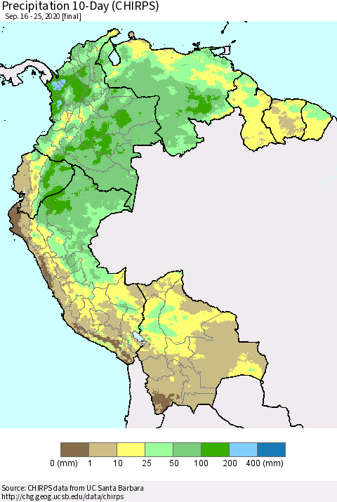 Northern South America Precipitation 10-Day (CHIRPS) Thematic Map For 9/16/2020 - 9/25/2020