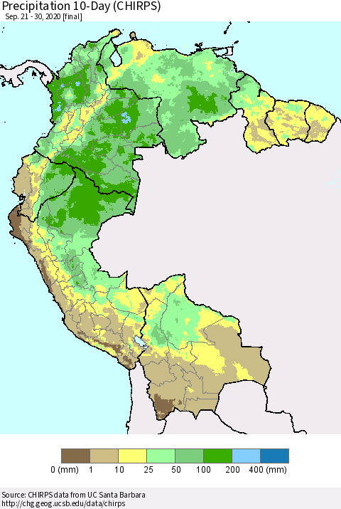 Northern South America Precipitation 10-Day (CHIRPS) Thematic Map For 9/21/2020 - 9/30/2020