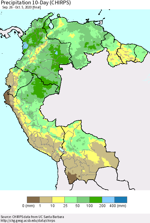 Northern South America Precipitation 10-Day (CHIRPS) Thematic Map For 9/26/2020 - 10/5/2020