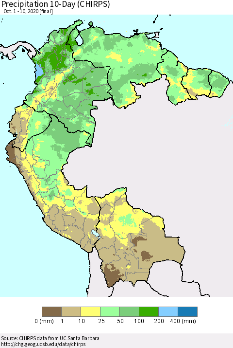 Northern South America Precipitation 10-Day (CHIRPS) Thematic Map For 10/1/2020 - 10/10/2020