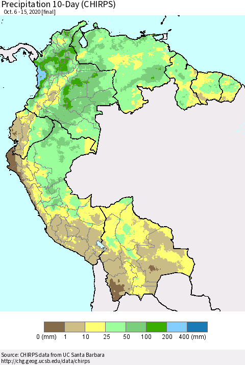 Northern South America Precipitation 10-Day (CHIRPS) Thematic Map For 10/6/2020 - 10/15/2020
