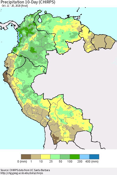 Northern South America Precipitation 10-Day (CHIRPS) Thematic Map For 10/11/2020 - 10/20/2020