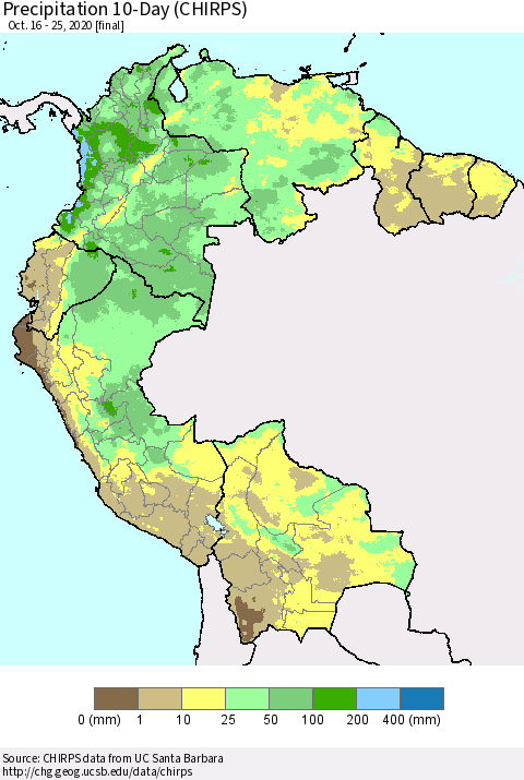 Northern South America Precipitation 10-Day (CHIRPS) Thematic Map For 10/16/2020 - 10/25/2020