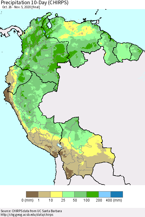 Northern South America Precipitation 10-Day (CHIRPS) Thematic Map For 10/26/2020 - 11/5/2020