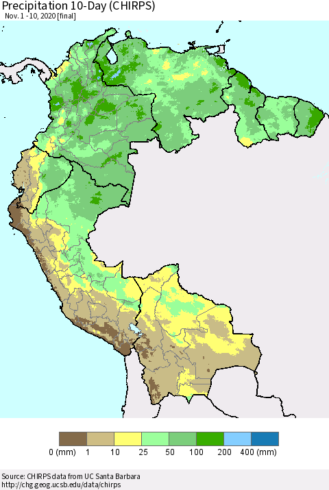 Northern South America Precipitation 10-Day (CHIRPS) Thematic Map For 11/1/2020 - 11/10/2020