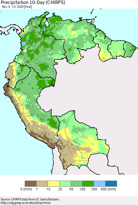 Northern South America Precipitation 10-Day (CHIRPS) Thematic Map For 11/6/2020 - 11/15/2020
