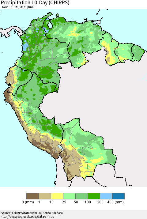 Northern South America Precipitation 10-Day (CHIRPS) Thematic Map For 11/11/2020 - 11/20/2020