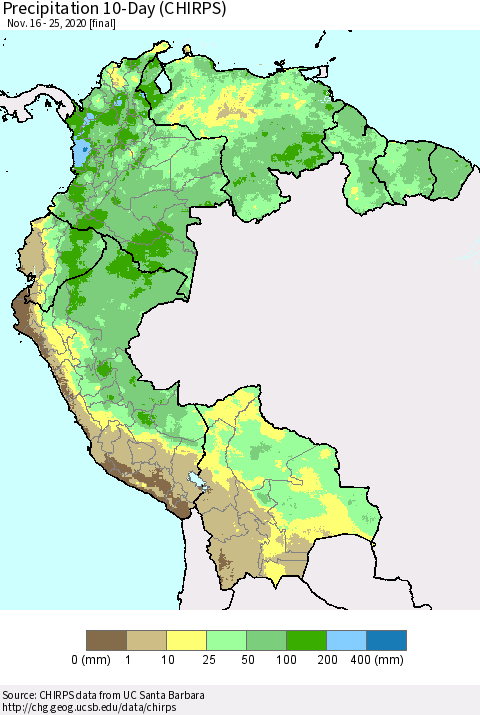 Northern South America Precipitation 10-Day (CHIRPS) Thematic Map For 11/16/2020 - 11/25/2020