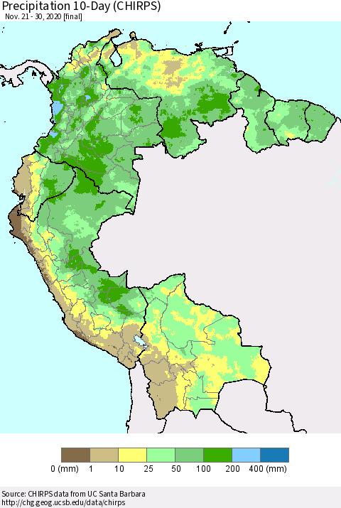 Northern South America Precipitation 10-Day (CHIRPS) Thematic Map For 11/21/2020 - 11/30/2020