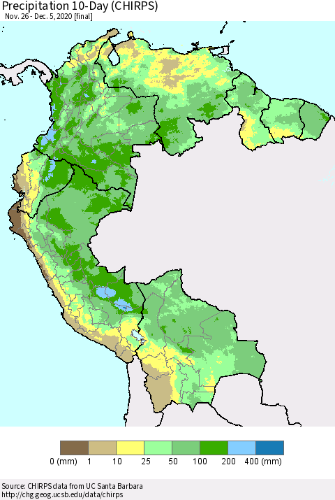 Northern South America Precipitation 10-Day (CHIRPS) Thematic Map For 11/26/2020 - 12/5/2020