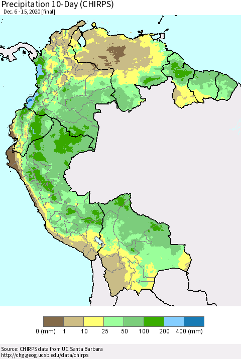 Northern South America Precipitation 10-Day (CHIRPS) Thematic Map For 12/6/2020 - 12/15/2020