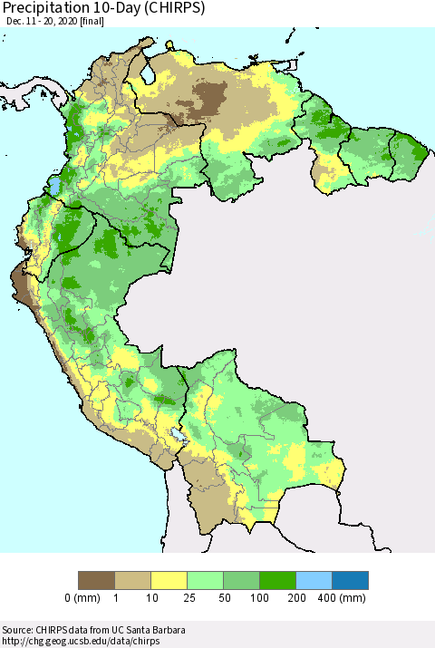 Northern South America Precipitation 10-Day (CHIRPS) Thematic Map For 12/11/2020 - 12/20/2020