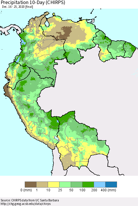 Northern South America Precipitation 10-Day (CHIRPS) Thematic Map For 12/16/2020 - 12/25/2020