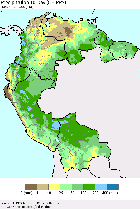Northern South America Precipitation 10-Day (CHIRPS) Thematic Map For 12/21/2020 - 12/31/2020