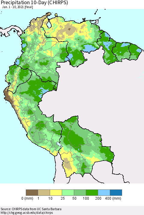 Northern South America Precipitation 10-Day (CHIRPS) Thematic Map For 1/1/2021 - 1/10/2021