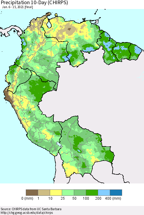 Northern South America Precipitation 10-Day (CHIRPS) Thematic Map For 1/6/2021 - 1/15/2021