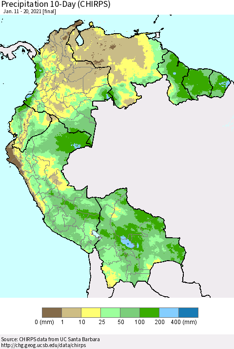 Northern South America Precipitation 10-Day (CHIRPS) Thematic Map For 1/11/2021 - 1/20/2021