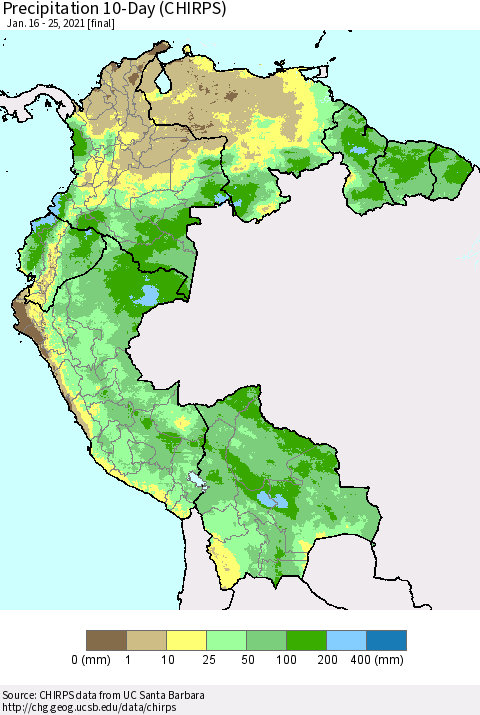 Northern South America Precipitation 10-Day (CHIRPS) Thematic Map For 1/16/2021 - 1/25/2021