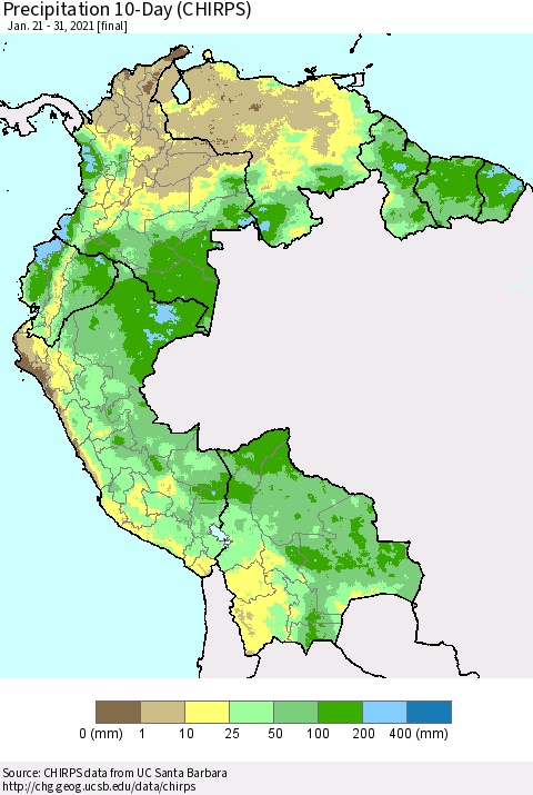 Northern South America Precipitation 10-Day (CHIRPS) Thematic Map For 1/21/2021 - 1/31/2021