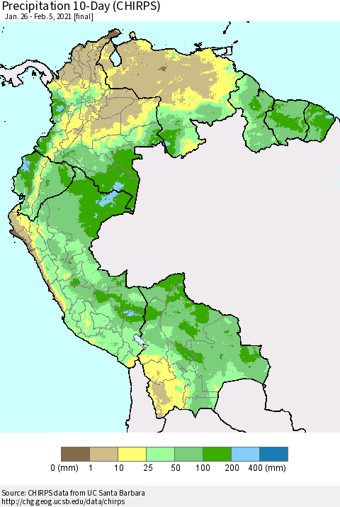 Northern South America Precipitation 10-Day (CHIRPS) Thematic Map For 1/26/2021 - 2/5/2021