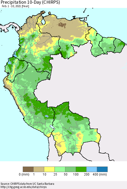 Northern South America Precipitation 10-Day (CHIRPS) Thematic Map For 2/1/2021 - 2/10/2021