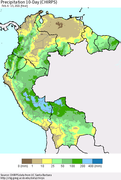 Northern South America Precipitation 10-Day (CHIRPS) Thematic Map For 2/6/2021 - 2/15/2021