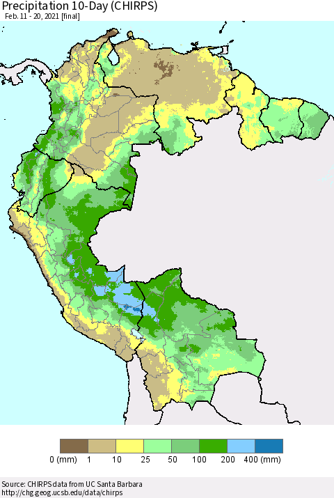 Northern South America Precipitation 10-Day (CHIRPS) Thematic Map For 2/11/2021 - 2/20/2021
