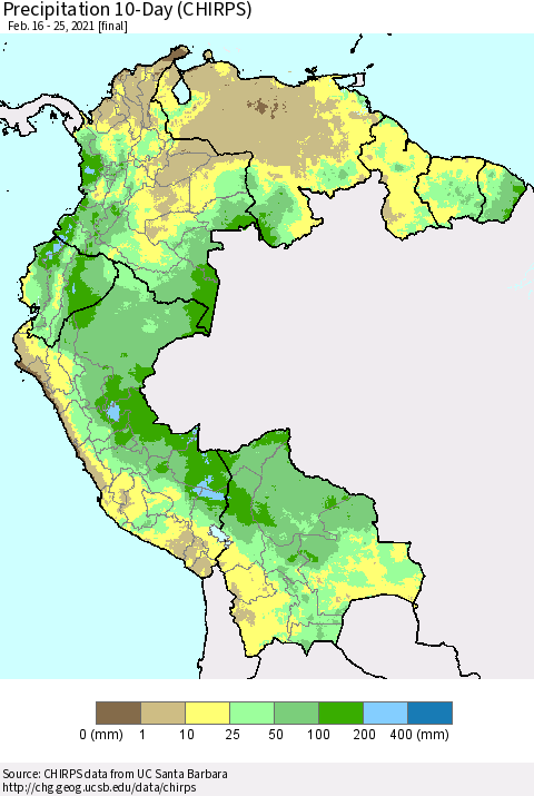Northern South America Precipitation 10-Day (CHIRPS) Thematic Map For 2/16/2021 - 2/25/2021