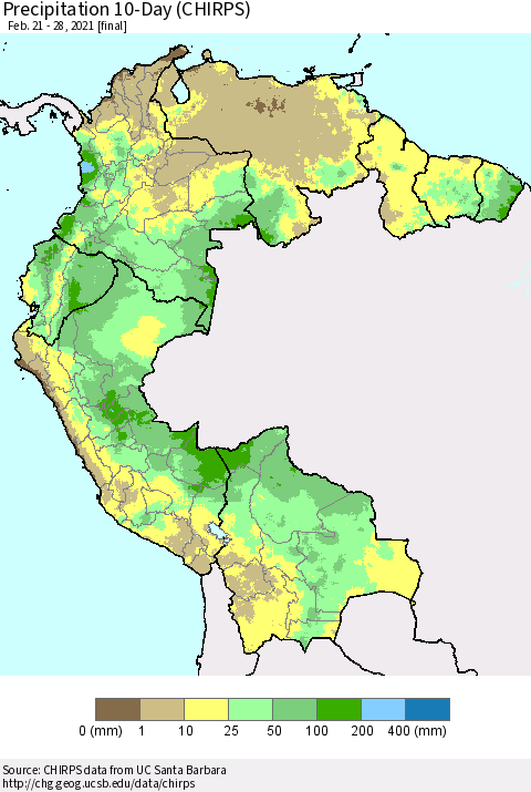 Northern South America Precipitation 10-Day (CHIRPS) Thematic Map For 2/21/2021 - 2/28/2021