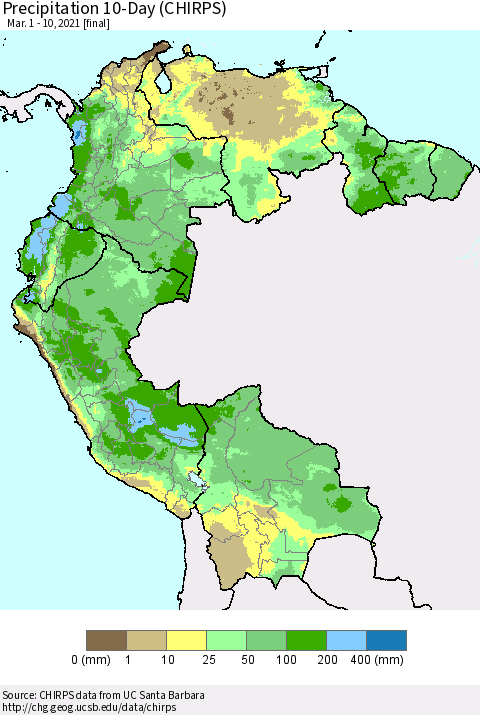 Northern South America Precipitation 10-Day (CHIRPS) Thematic Map For 3/1/2021 - 3/10/2021