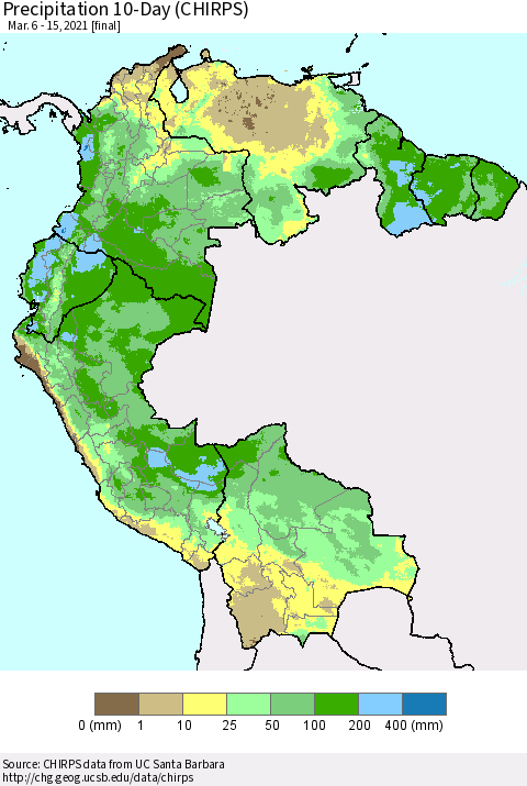 Northern South America Precipitation 10-Day (CHIRPS) Thematic Map For 3/6/2021 - 3/15/2021