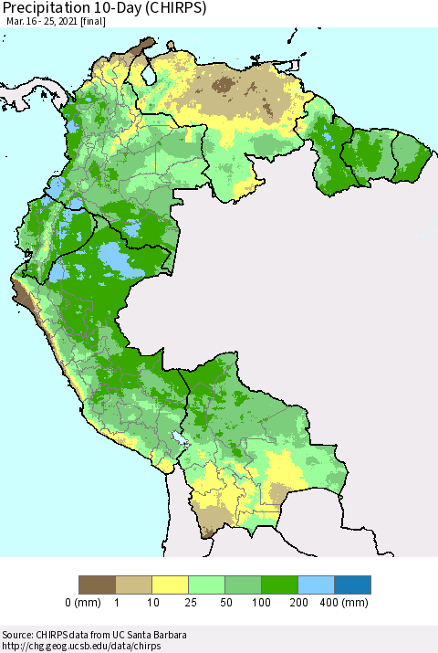 Northern South America Precipitation 10-Day (CHIRPS) Thematic Map For 3/16/2021 - 3/25/2021