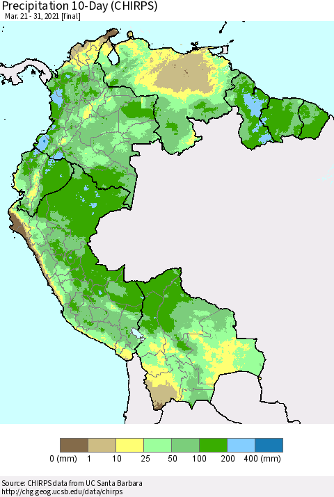 Northern South America Precipitation 10-Day (CHIRPS) Thematic Map For 3/21/2021 - 3/31/2021