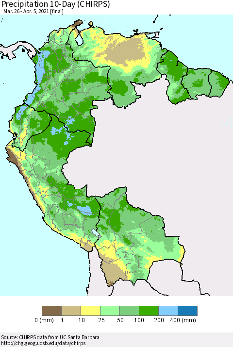 Northern South America Precipitation 10-Day (CHIRPS) Thematic Map For 3/26/2021 - 4/5/2021