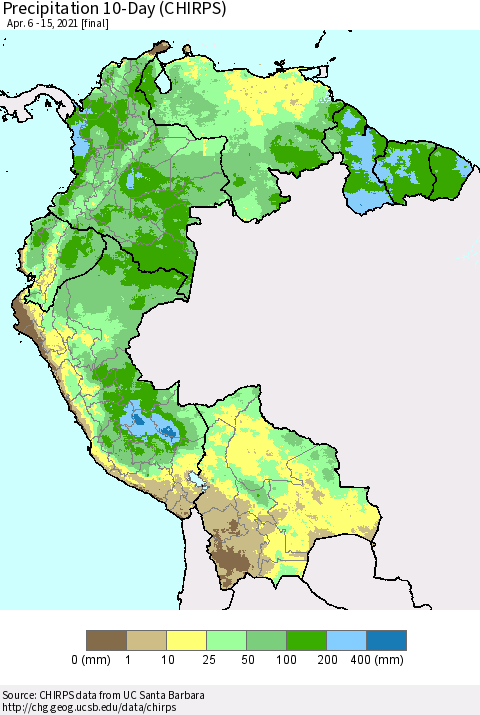 Northern South America Precipitation 10-Day (CHIRPS) Thematic Map For 4/6/2021 - 4/15/2021