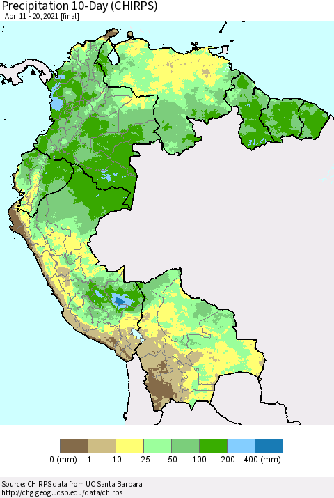 Northern South America Precipitation 10-Day (CHIRPS) Thematic Map For 4/11/2021 - 4/20/2021