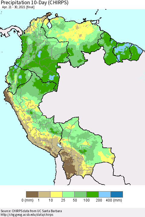 Northern South America Precipitation 10-Day (CHIRPS) Thematic Map For 4/21/2021 - 4/30/2021
