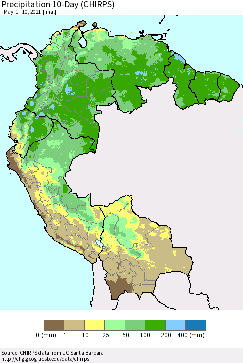 Northern South America Precipitation 10-Day (CHIRPS) Thematic Map For 5/1/2021 - 5/10/2021